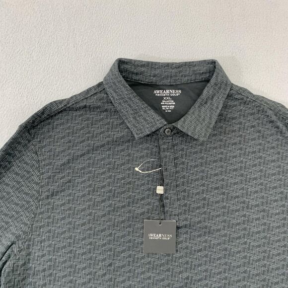 Awearness Kenneth Cole Polo Shirt Mens 2XL Gray Slim Fit Long Sleeve Geometric - Picture 2 of 16